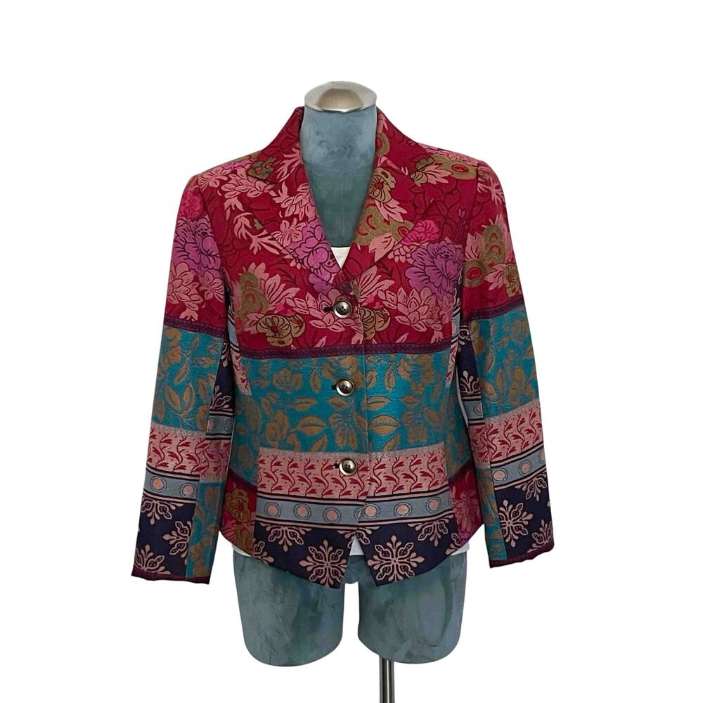 Vintage Coldwater Creek Brocade Tapestry Blazer Jacket 10 Red Floral Romantic